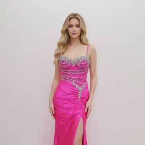 New Fuchsia Rhinestones Embellished Long Graduation Gown w/ Leg Slit NX K1734